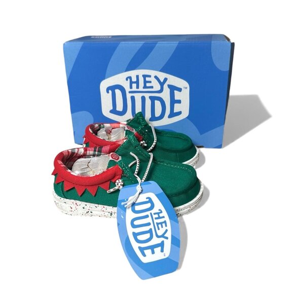 Hey Dude Wally T Holiday Elf Toddler Shoes C8 Green Red Christmas Slip On Lightw - Picture 6 of 15